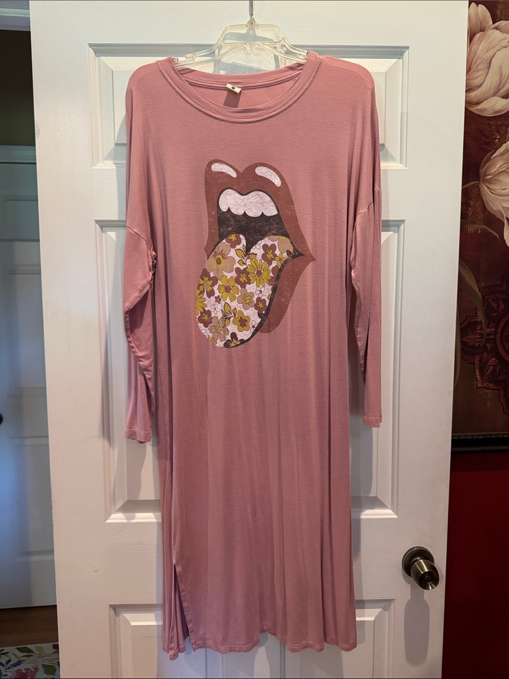 Pink Floral Tongue Graphic Long Sleeve Dress